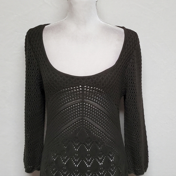 W by Worth Olive Green Open Crochet Knit Plunging Neckline Asymmetric Midi Dress - Picture 5 of 14